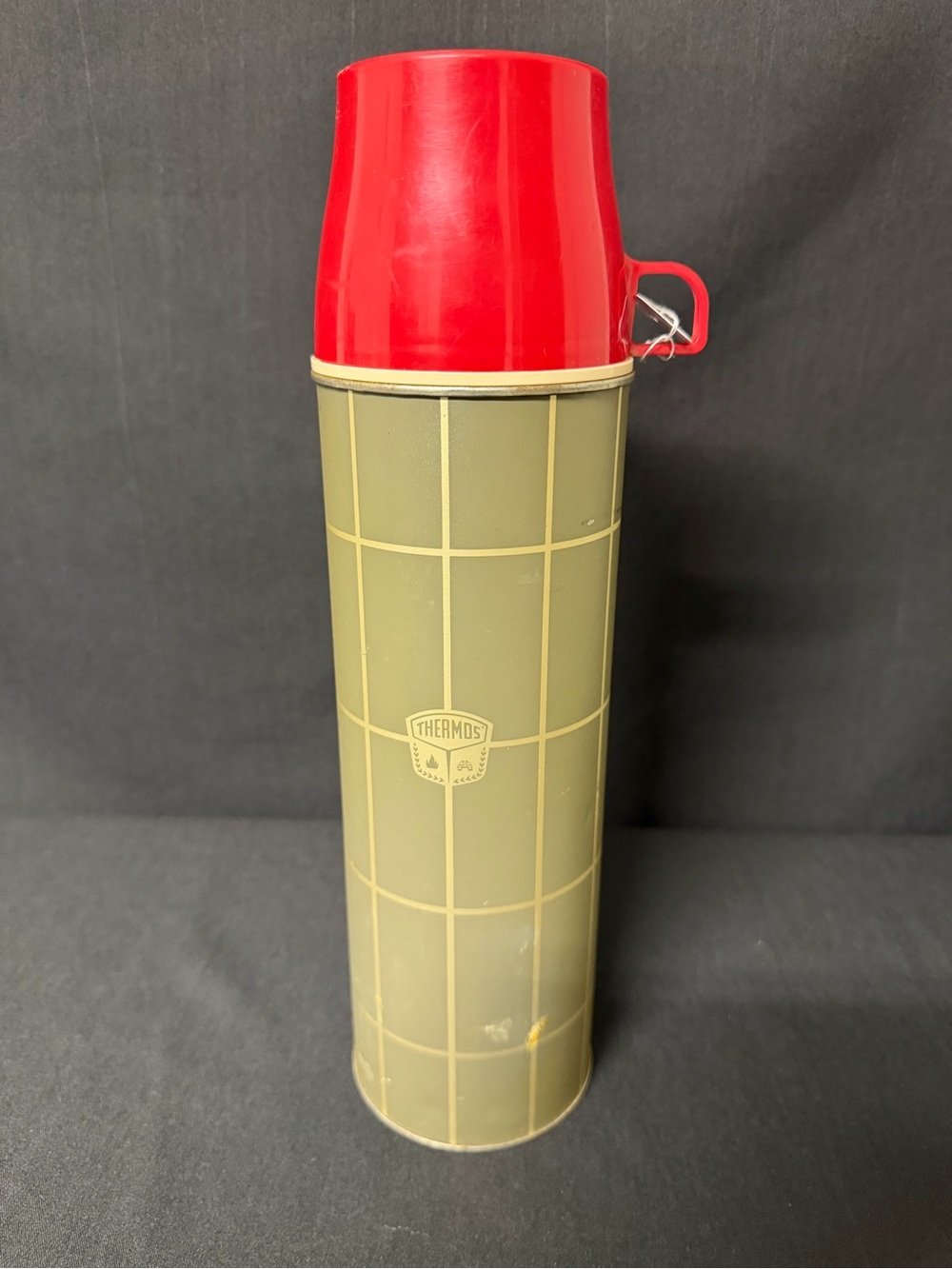 Vintage Thermos Quart Vacuum Bottle Green Plaid Red Cup King-Seeley USA
